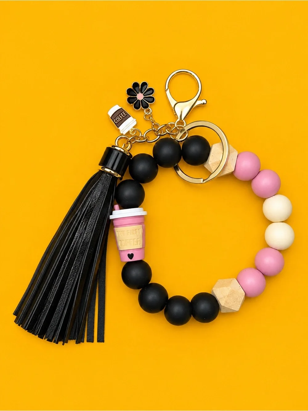 Beaded Tassel Keychain Bracelet - Black, Pink & Cream
